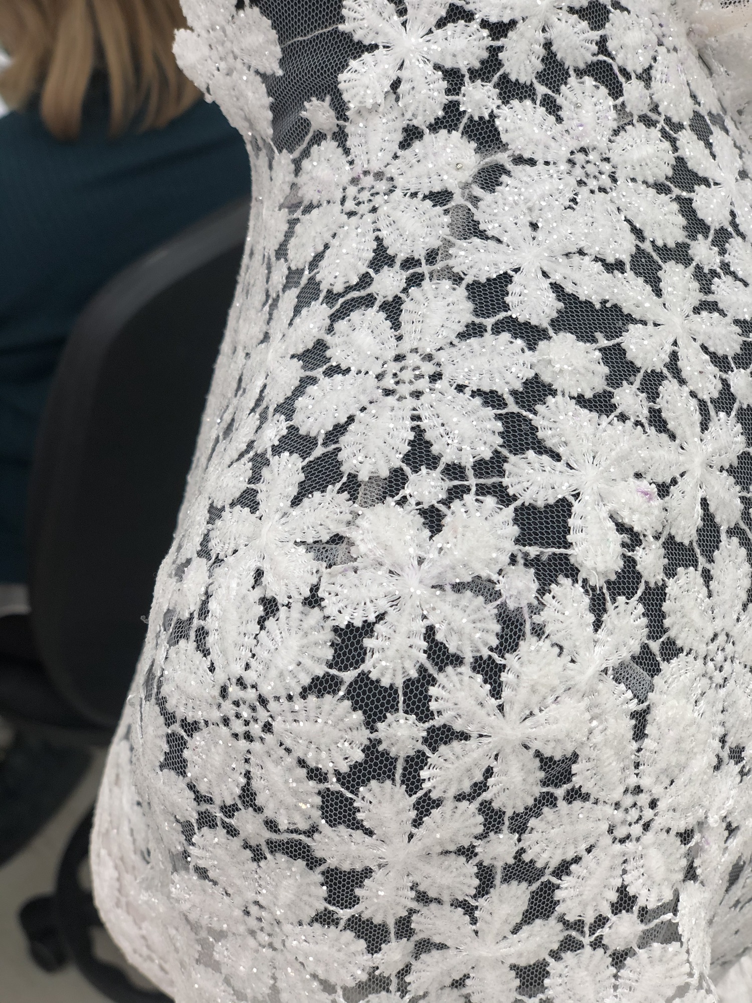Close detail of white floral lace shaped on a dress form